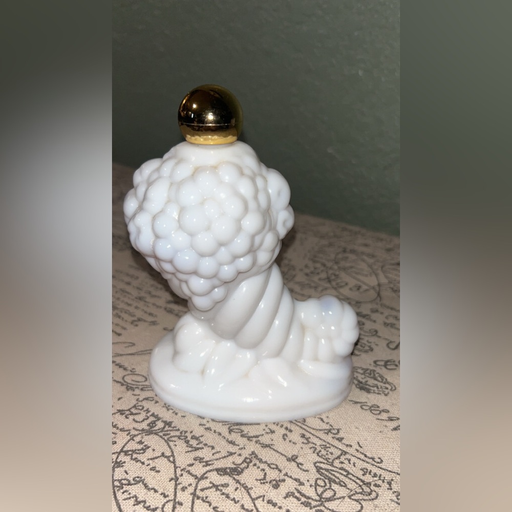 Avon Cornucopia White Milk Glass Bath Oil Decanter with Gold Label Accent